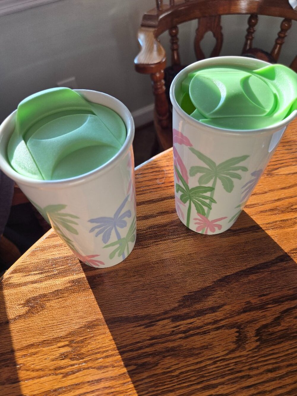 Two Ceramic like Tumblers With Slider Lids Tropical Motif